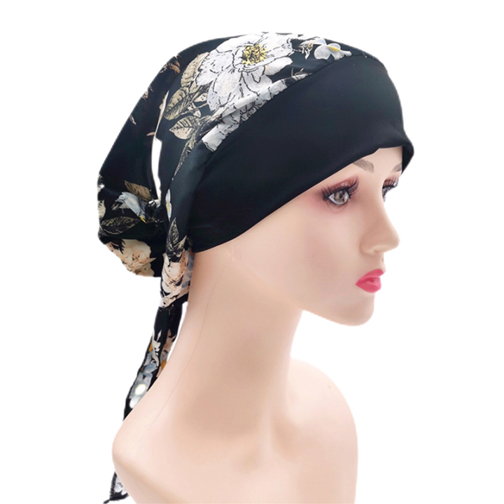 Muslim Hijab Wrap Pre Tied Headwear Strech Bandana Cancer Chemo Flower Print Hat Turban Cap 8835