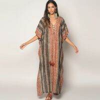 Retro Kaftan Boho Printed V-neck Tassel Summer Maxi Dress For Women Clothes Plus Size Tunic Beach Wear Swim Suit Cover U