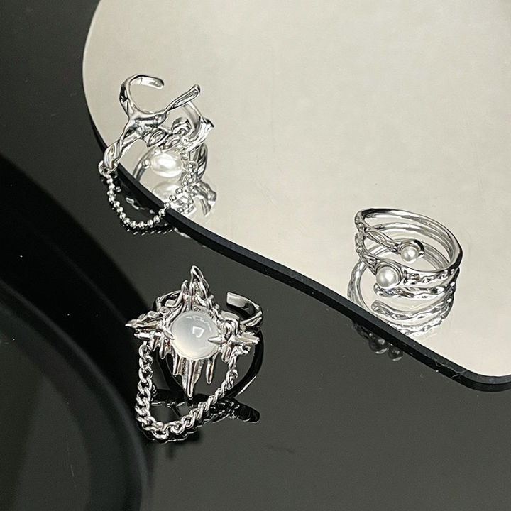 โกธิคผิดปกติพู่มูนสโตนแหวนสำหรับผู้หญิงลาวาโซ่ดาวโอปอลเปิดแหวนสุนทรียศาสตร์-kpop-ไข่มุกเครื่องประดับอุปกรณ์ของขวัญ
