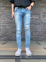 TPPJEANS Men Skinny Jeans Koreanstyle LightBlue กางเกงยีนส์ชายสีบลูฟอกซีด ขาดเข่า ทรงสกินนี่ ผ้านิ่มยืดทรงสวย เป้ากระดุม Size 28-36 รับชำระปลายทาง