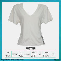 USED CPS Chaps - Cream V Neck T-Shirt | เสื้อยืดสีครีม สีขาว เสื้อคอวี เสื้อแขนสั้น ทรงใหญ่ สีพื้น สายฝอ แท้ มือสอง