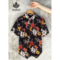 ลดพิเศษ 50% ( พร้อมส่ง )เสื้อเชิ้ตฮาวาย สไตร์Bariss ลายดอกดำ