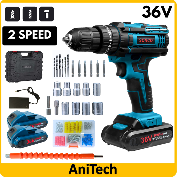 SONCO 36882 Cordless Impact Drill Screwdriver 2 Battery Hammer Drill 3