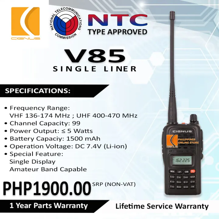 Cignus V85 Single Liner VHF 136174 MHz UHF 400470 MHz 5 Watts Single