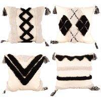 Boho Woven Tufted Black White Throw Pillow Case Morocan Textured Plaid Striped Geometric Pattern Decorative Square Cushion