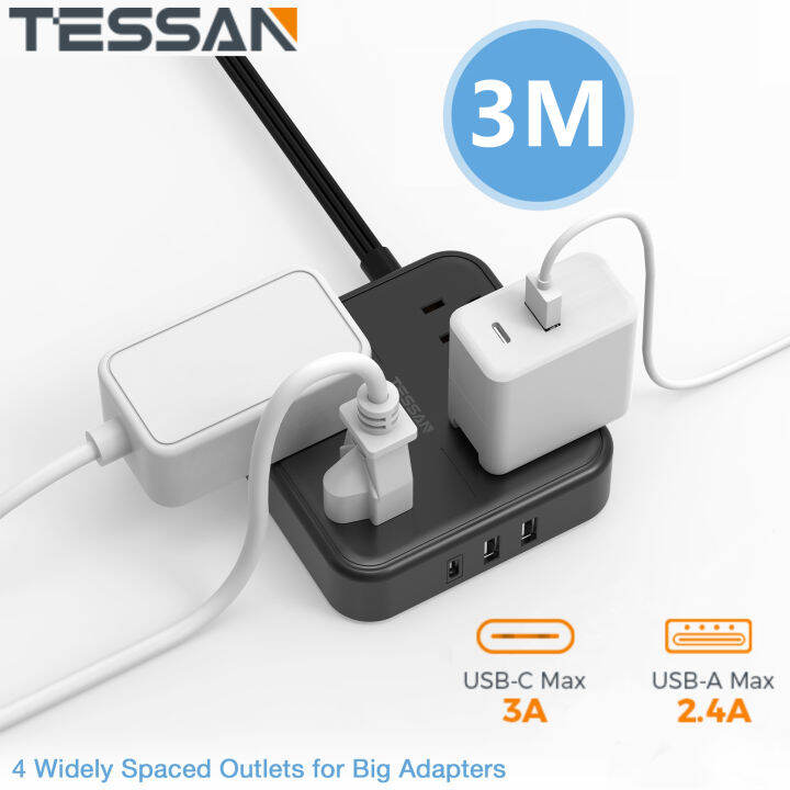 TESSAN Ultra Thin Power Strip Flat Plug 3 M Extension Cord 10 ft, Under