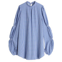 IEQJ Women Blue Casual Elegant Puff Sleeve Check Tie Blouse New Lapel Long Sleeve Loose Shirt Fashion Spring Autumn 3F1806