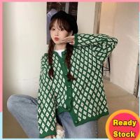 COD Ready Stock New Sweater Retro Japanese Loose Knit Plaid Cardigan Korean Womens Top