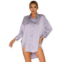 ผู้หญิงซาตินแขนยาว Nightshirt ชุดนอน Nightgown สีทึบ Sleepshirt Nightdress ชุดนอนหญิงสุภาพสตรีชุดนอน