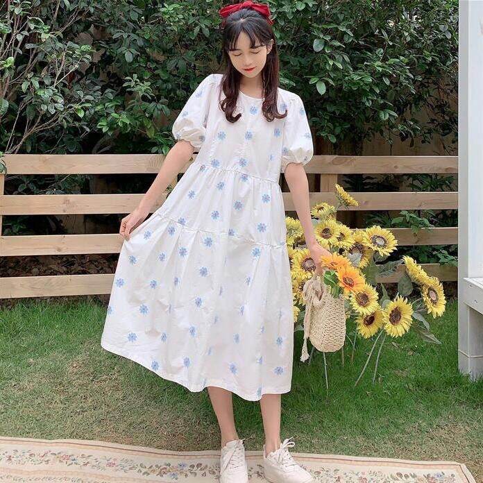 summer-new-little-daisy-puff-sleeve-dress-womens-loose-ins-long-below-the-knee-plump-girls-fairy-dr