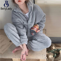 Women Winter Flannel Pajamas Suit Solid Color Zipper Long Sleeves Tops Trousers Warm Sleepwear Home Wear Set【fast】