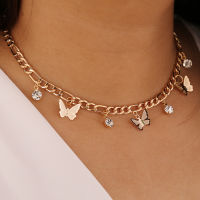 hang qiao shop Golden Butterfly Rhinestone Simple Necklace Female