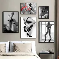 Sexy Woman Red Lingerie Canvas Painting Stockings High Heels Poster Printing Modern Nordic Wall Art Film for Bedroom Home Decor