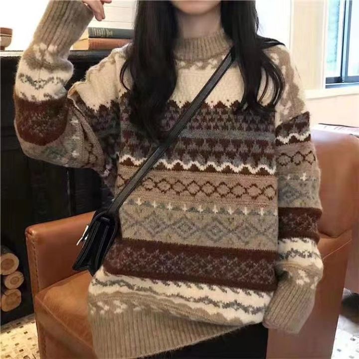 Women Vintage Sweater Knitted Jumper College Loose Winter Striped