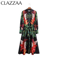 Clazzaa ผู้หญิงแฟชั่นพิมพ์เดี่ยวหน้าอก Maxi เสื้อ Vintage Lapel คอแขนยาวเข็มขัดหญิง Chic Lady Dresses