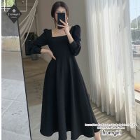 COD SDFGERTYTRRT Black dress female autumn 2021 new style long sleeve French retro hepburn square neck long skirt
