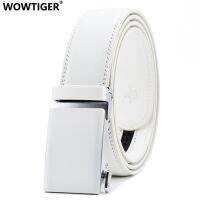 WOWTIGER เข็มขัดผ้ายีนส์สีดำและสีขาวกว้าง3.5ซม. สำหรับผู้ชายหัวเข็มขัดอัตโนมัติหรู