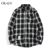 OKADY เสื้อเชิ๊ตผู้ชาย ลายสก็อตแขนยาว สไตล์เกาหลี อินเทรนด์