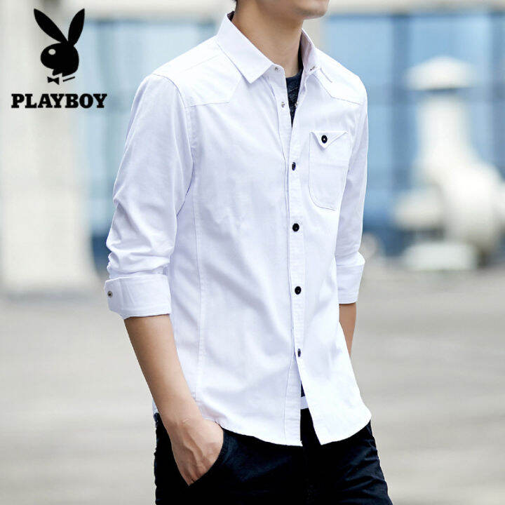 playboy-ฤดูใบไม้ร่วงเสื้อสไตล์ใหม่ผู้ชายแขนยาวผ้าฝ้ายบางพอดีกองทัพทั้งหมดจับคู่เสื้อผู้ชาย