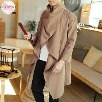 Men Lapel Mid-length Coat Cotton Linen Solid Color Retro Style Taoist Robe Cloak Irregular Tops