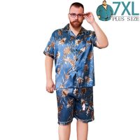 ชุดนอนขนาดใหญ่สำหรับผู้ชายผ้าไหม7XL 5XL 3XL ขนาดใหญ่ชุดนอนชุดนอนซาตินชุดนอนเข้าชุดเสื้อใส่อยู่บ้านแขนสั้น