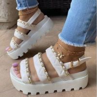 HOT★New Womens Casual Sandals Fashion Buckle Metal Chain Platform Loafers Fish Mouth Open Toe Roman Sandals Chaussures Femme Luxe