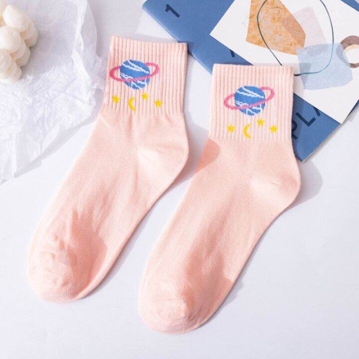 college-style-women-cotton-socks-fashion-cartoon-planet-fruit-middle-tube-girl-socks