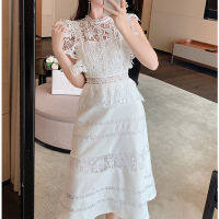 2022ใหม่ลูกไม้สีขาวเย็บปักถักร้อยชุดผู้หญิงสูงเอว O-Neck แขนสั้น Vestido Mujer Vintage Elegant Party กลาง Dres Ss หญิง