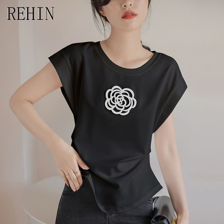 rehin-เสื้อยืดลายดอกคาเมลเลียสำหรับผู้หญิง-เสื้อแขนเสื้อแบบมีปีกสไตล์ใหม่2023รัดเอวลดขนาด