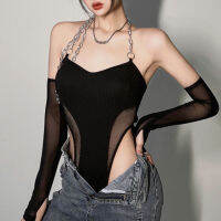 Asian Hot  Ins Street Hot Girl Slim Mesh Stitching With Sleeves Halter Neck Chain Sexy Backless Jumpsuit