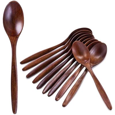 Wooden Spoons, 10 PCS Wood Soup Spoon Set, Long Handle Natural Wood Table Spoons for Eating Mixing Stirring Cooking - 7.3 Inches