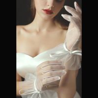 ﺴ♛❣ New Bridal Wedding Dress Gloves Short Internet Celebrity Ribbon Bowknot Tulle Gloves