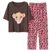 Womens Cotton Home Suit Pajama Sets Short Sleeve Pants Lion King Simba Leopard Print Cute Anime Spring Summer Pajamas Women