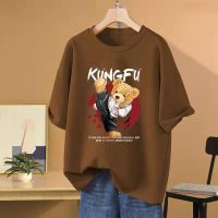 2023 Summer Men T-Shirts 100% Cotton Cartoon Kungfu Bear Oversized T Shirt Men Print Short-Sleeve Tops Free Shipping