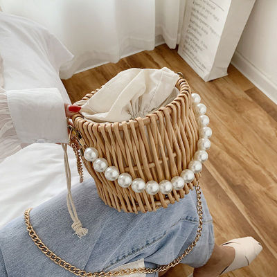 Round Woven Straw Bags for Women Summer Pearl Chain Handmade Rattan Beach Handbag Travel Bohemia Female Shoulder Crossbody Bag