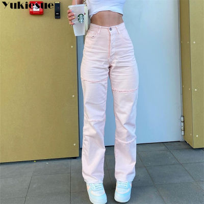 กางเกงยีนส์ของผู้หญิงกลางเอวใหม่2022ฤดูร้อนสีชมพู Streetwear แฟชั่นเกาหลีถุงขากว้างกางเกงลำลองแม่กางเกงยีนส์ตรง