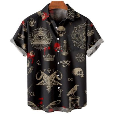 【Feb】 Vintage Men 39;s Shirts Demon Horror Skull Shirt Tops 3D Printed V-Neck Oversized Casual Designer Y2k Clothes Male Punk Streetwear