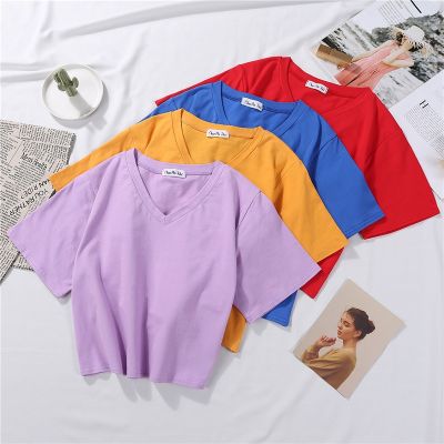 ✉ New Cotton T Shirts 2022 Short Sleeve V Neck Crop Top Tee Fashion Loose Female Shirt