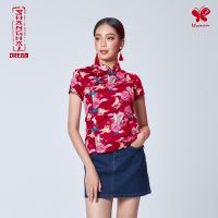ลดพิเศษ 50% ( พร้อมส่ง )Papillon  Woman Shanghai Dream  Satin Top เสื้อคอจีนผู้หญิง พิมพ์ลายผีเสื้อและดอกไม้