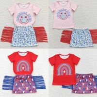 Wholesale July 4Th Summer Toddler Kid Set Children Pink Short Sleeves Face Shirt Blue Tassel Leopard Skirt Baby Girl New Outfit