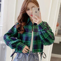 Plaid Shirt Women Long Sleeve Casual Blouse Korean Style Fashion Retro Cropped Top New