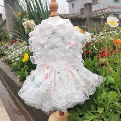 Pet Dog Princess Dresses Poodle Clothing Handmade Butterfly Print Bow White Lace Wedding Dress For Small Medium Dog Puppy Coats