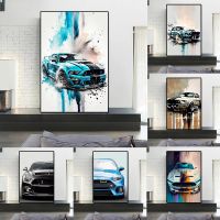 Ford Mustang GT500 กีฬารถ Graffiti ภาพวาดผ้าใบหรูหรา Racing สีน้ำโปสเตอร์และพิมพ์ Supercar Wall Art Room Decor