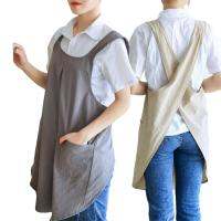 YOUZI Women Apron Cotton Linen Japanese Korean Style Slip Off Cross-shoulder Straps Spacious 2 Pockets Antifouling Pinafore Aprons