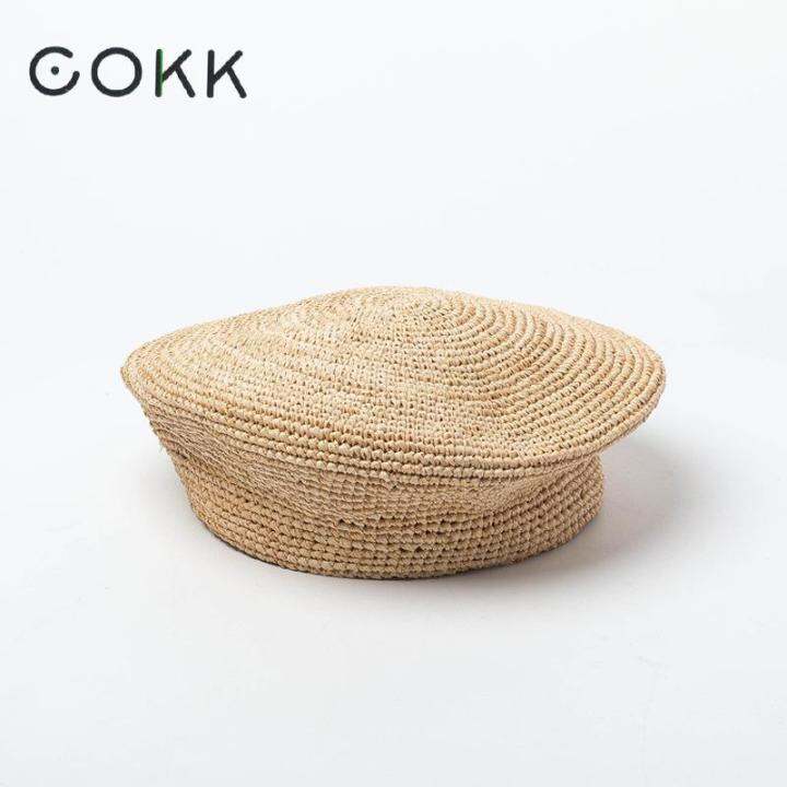 cokk-ฤดูร้อนแฮนด์เมดโครเชต์ฟาง-beret-ผู้หญิงหมวกหมวกสุภาพสตรีแฟชั่นเวทีแสดง-boina-gorras-จิตรกรหมวกแบนปรับใหม่