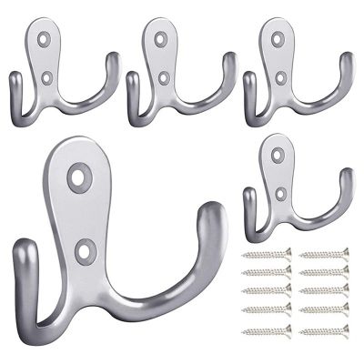 Double Prong Robe Hook with Screws, Dual Coat Hooks Wall Mounted Hanging Clothes for Bathroom Bedroom Door Wall