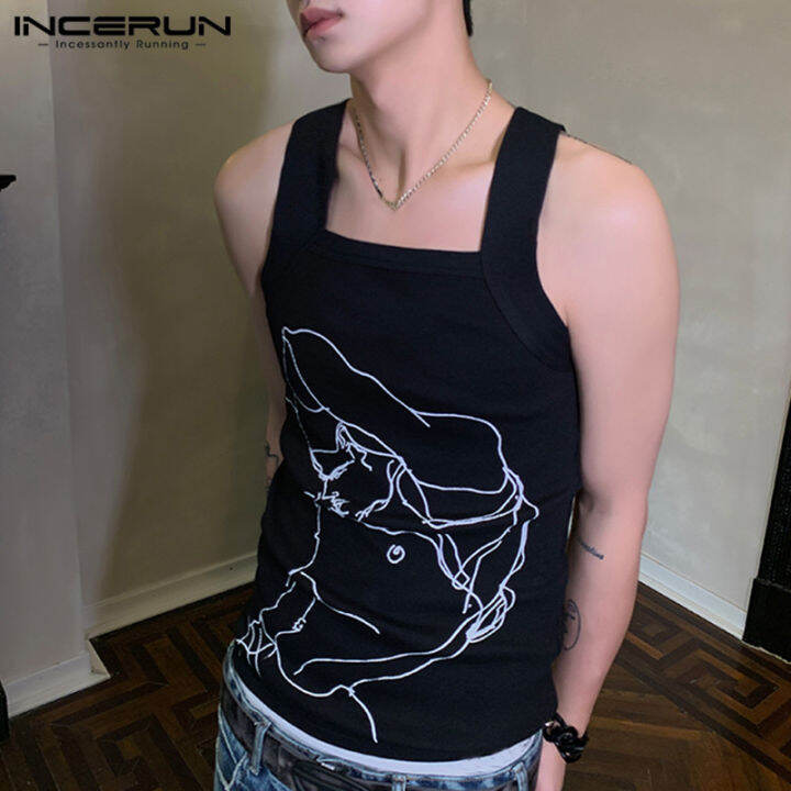 incerun-เสื้อแขนกุดเสื้อลำลองผู้ชายแขนยาวสำหรับผู้ชายเสื้อเสื้อกั๊กมีปกสี่เหลี่ยมพิมพ์ลาย-สไตล์เกาหลี