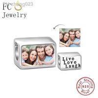 925 Sterling Silver Square Cube Live Love Laugh Custom Photo Bead Fit Original Pan Charms Bracelet For Women Family Berloque