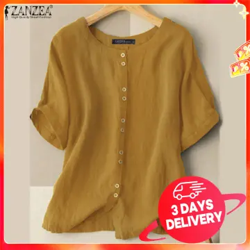 Women Summer Casual Loose Shirt Blouse Collarless V Neck Button Up