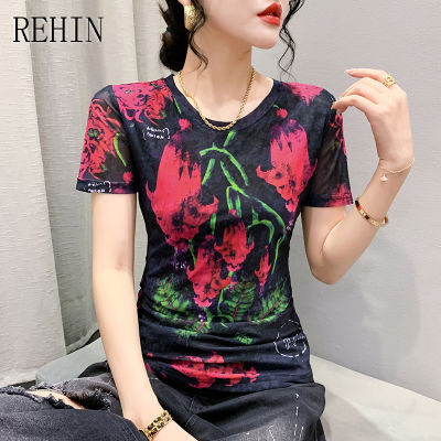 REHIN เสื้อยืดสตรีพิมพ์ลายตาข่ายคอกลม,เสื้อยืดแขนสั้นดีไซน์เฉพาะสำหรับฤดูร้อนแฟชั่นสไตล์เกาหลีแบบใหม่
